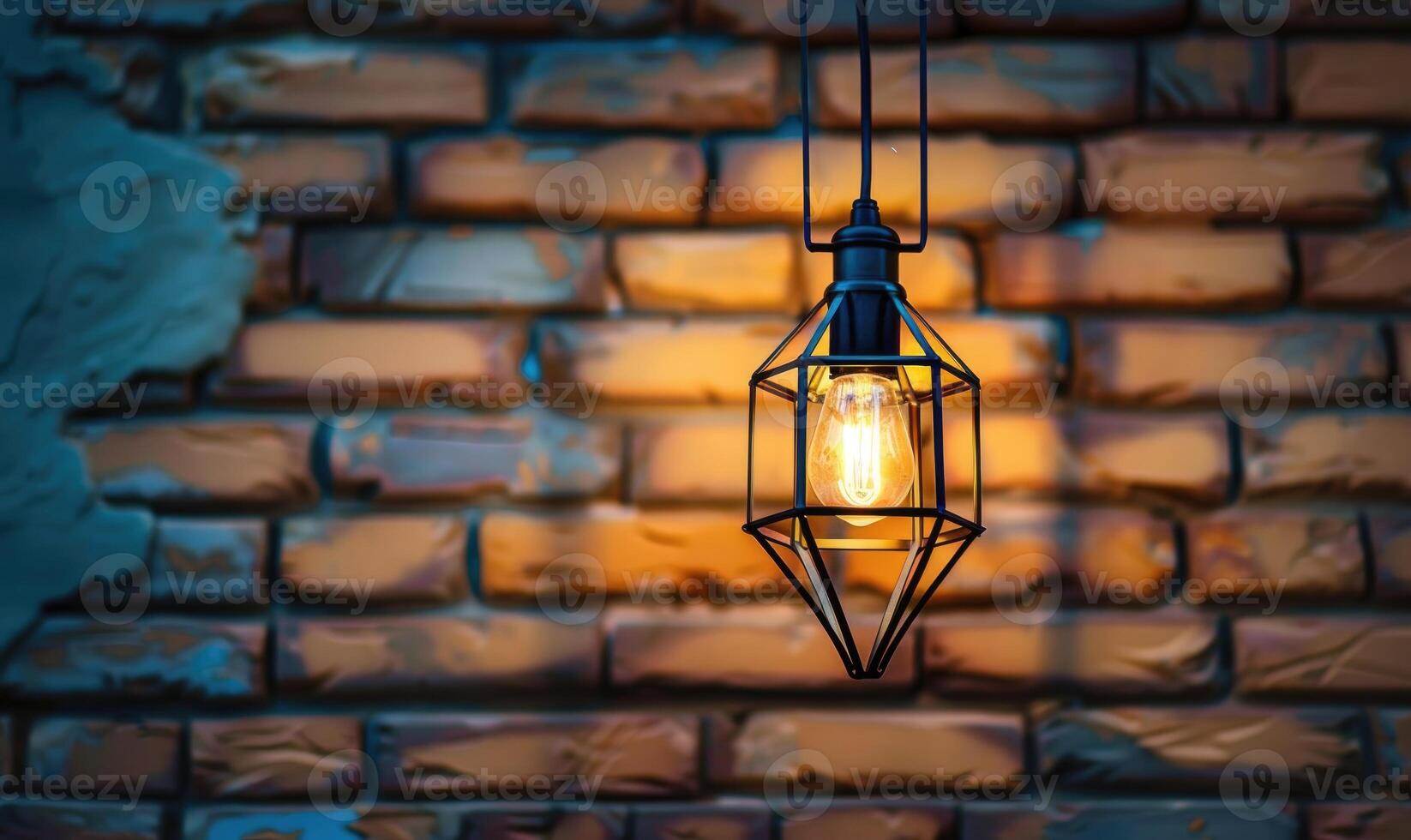 ai gegenereerd decoratief lamp in de vorm van een piramide Aan een steen muur foto