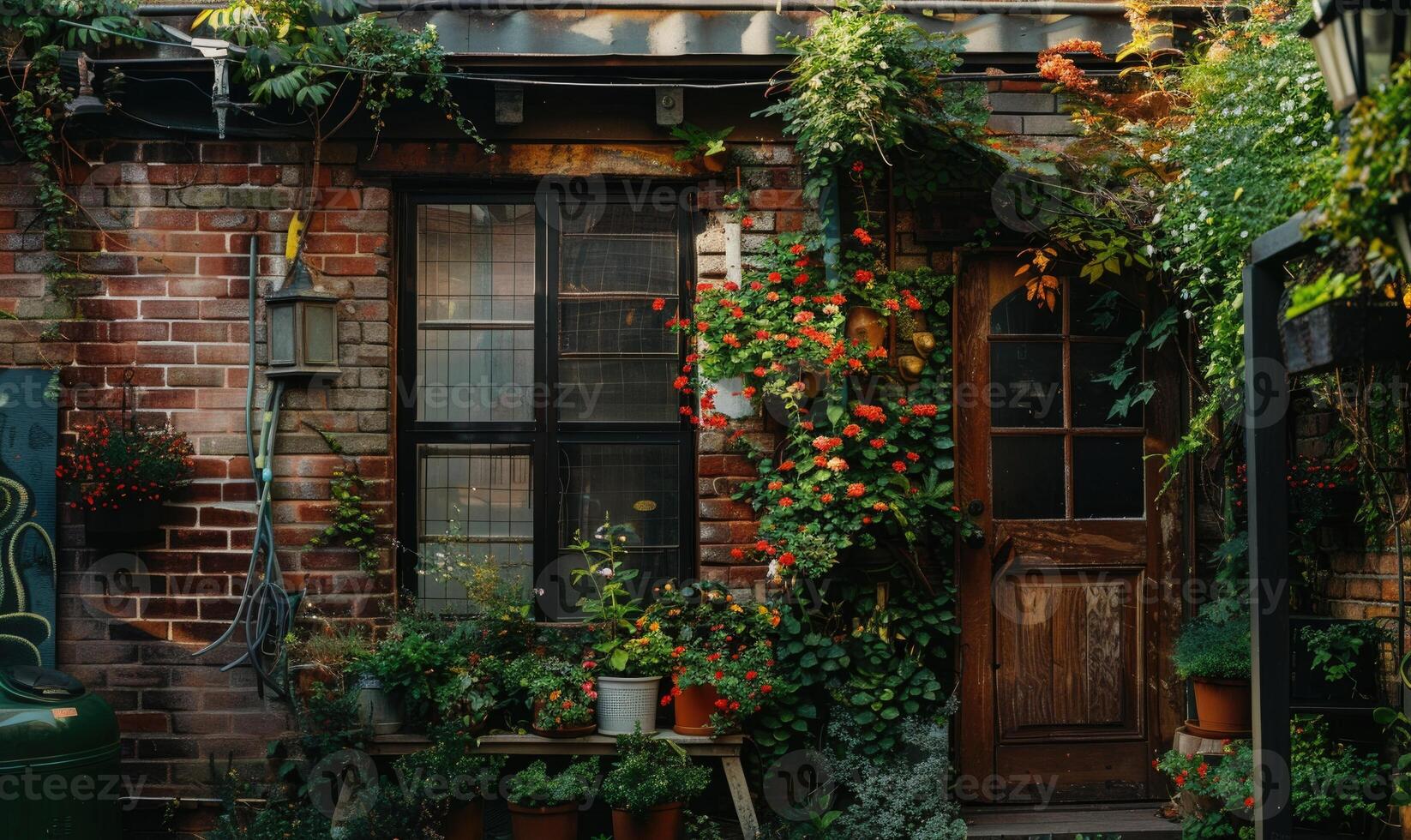 ai gegenereerd venster en steen muur gedekt met bloemen foto