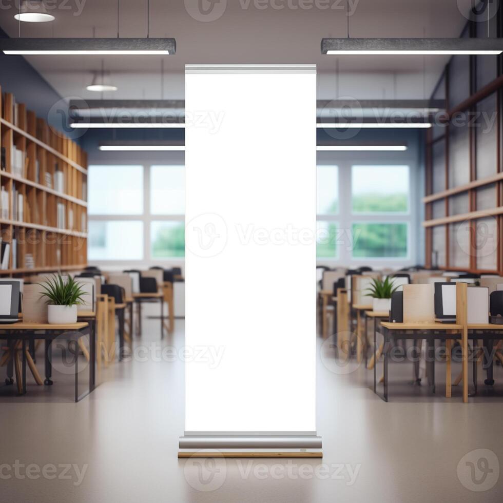 ai gegenereerd blanco rollen omhoog banier mockup in school- bibliotheek foto