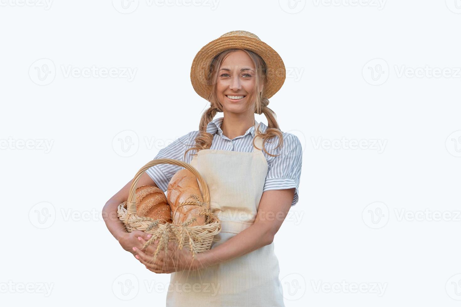 vrouw gekleed schort wit achtergrond Kaukasisch midden- leeftijd vrouw bedrijf eigenaar in uniform foto