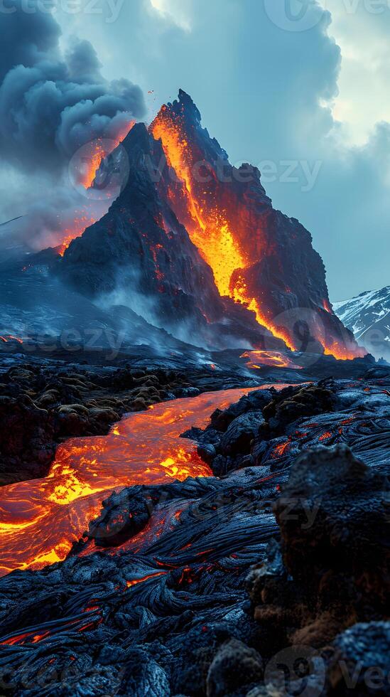 ai gegenereerd dichtbij omhoog van vulkaan uitbarsting. berg ontploft met vloeiende magma. fantasie landschap. generatief ai foto