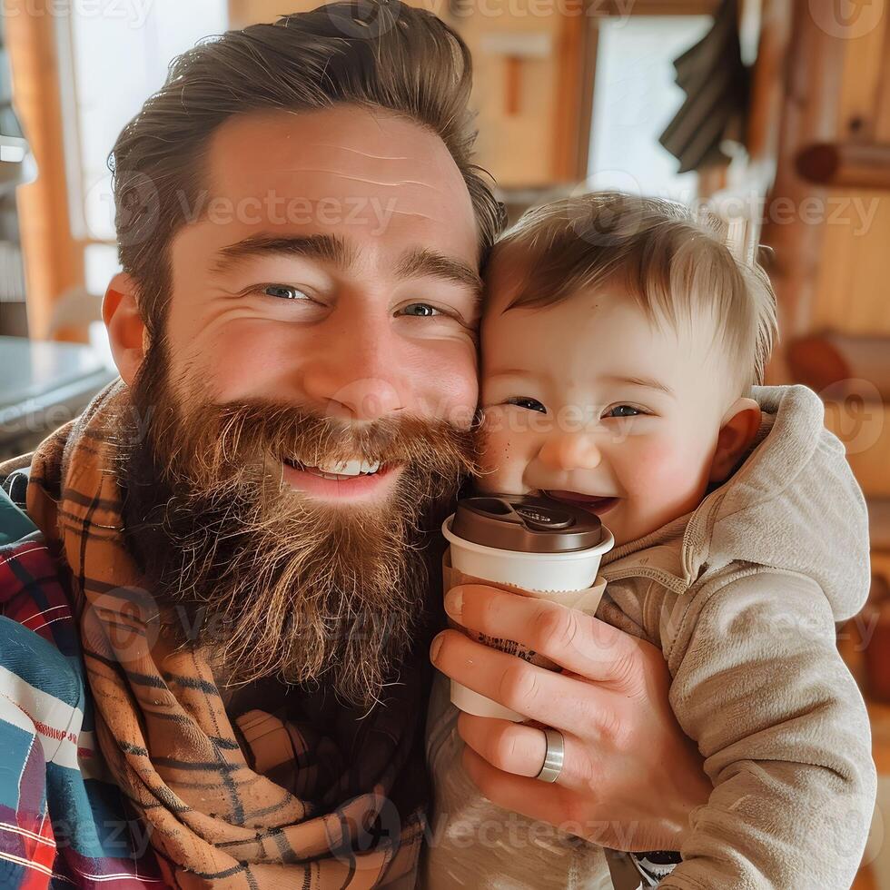 ai gegenereerd vaders ochtend- routine- baby giechelt gedurende baard kusjes foto