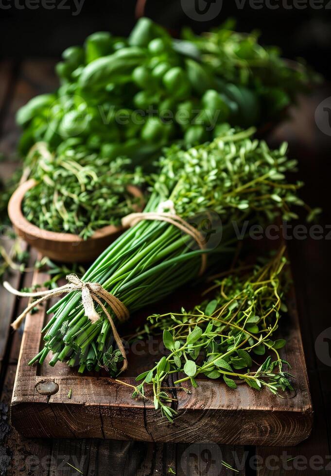 ai gegenereerd verschillend vers kruiden Aan de houten tafel foto