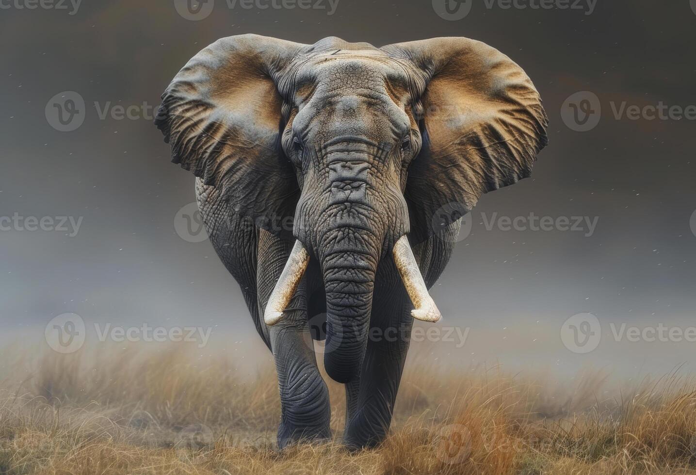 ai gegenereerd olifant wandelen in de savanne met groot oren en slagtanden foto