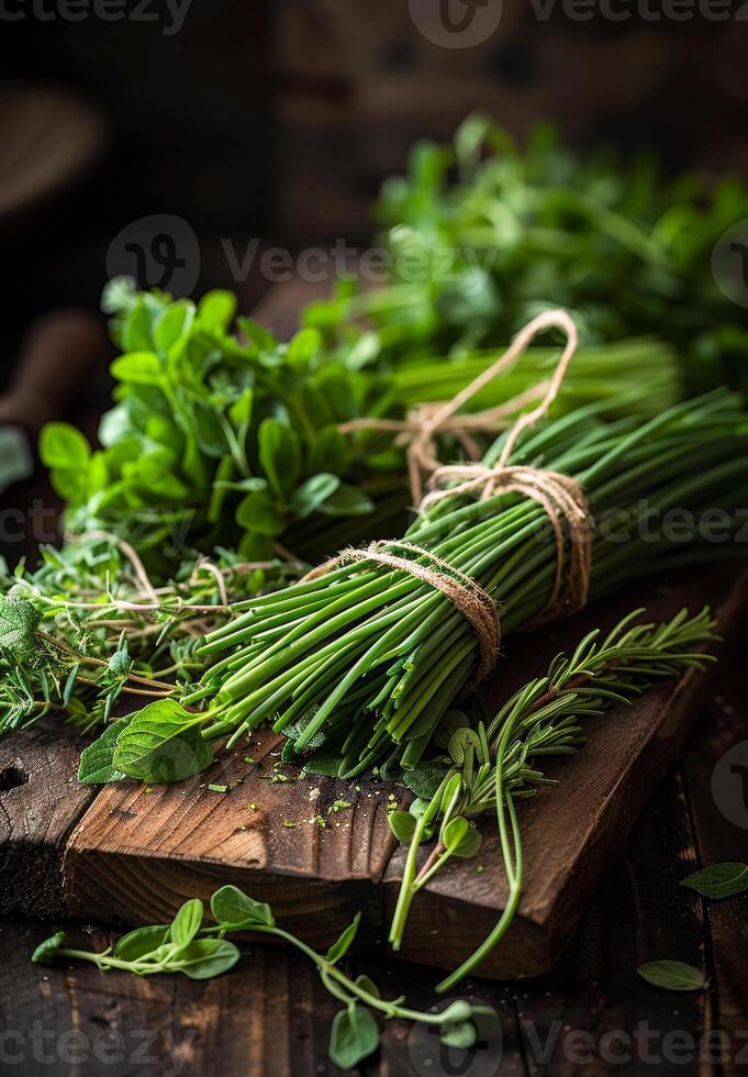 ai gegenereerd bundels van vers groen kruiden van de tuin Aan rustiek houten tafel foto