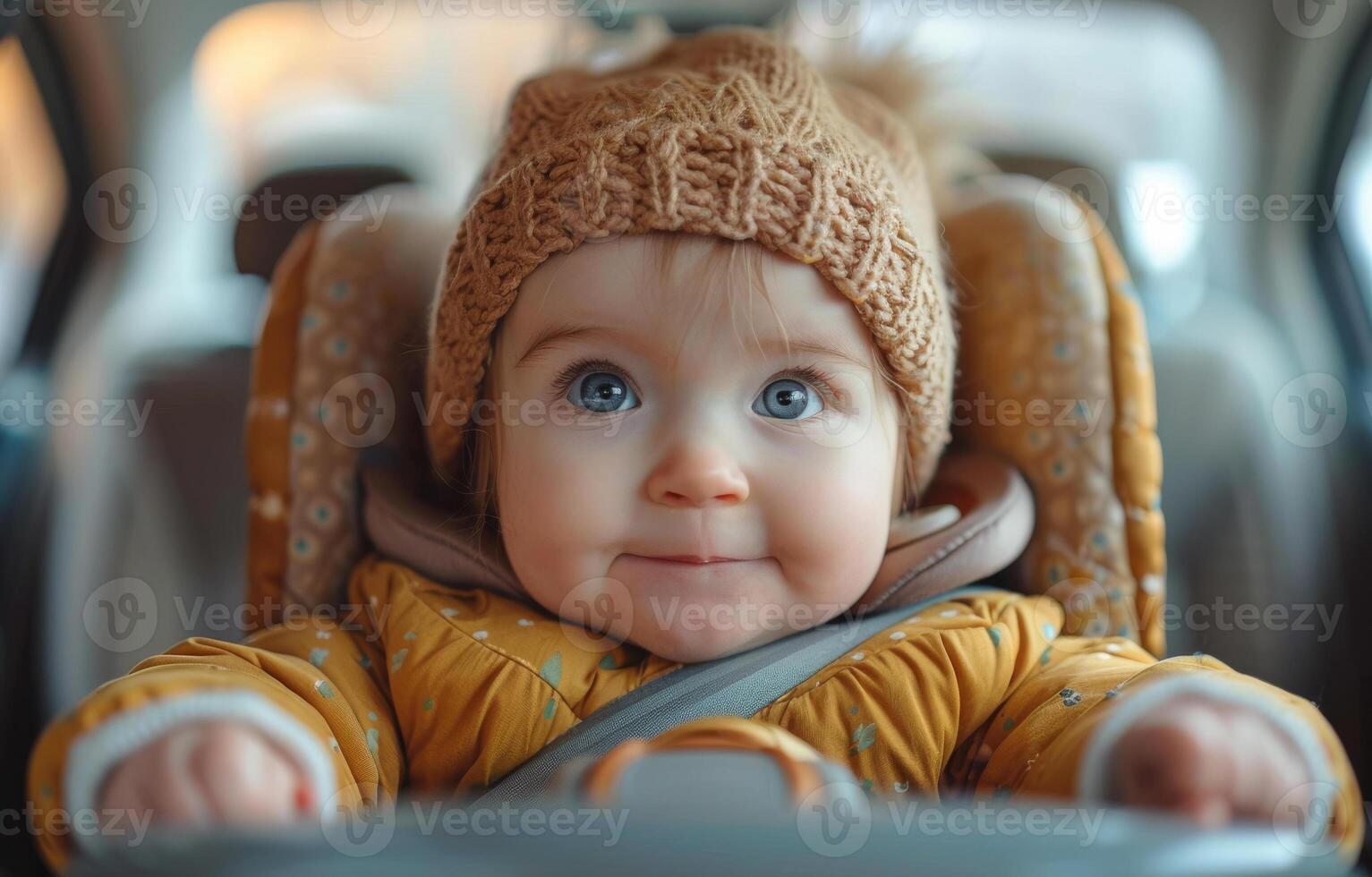 ai gegenereerd schattig weinig mooi baby meisje zittend in de auto stoel en aan het wachten voor mam foto