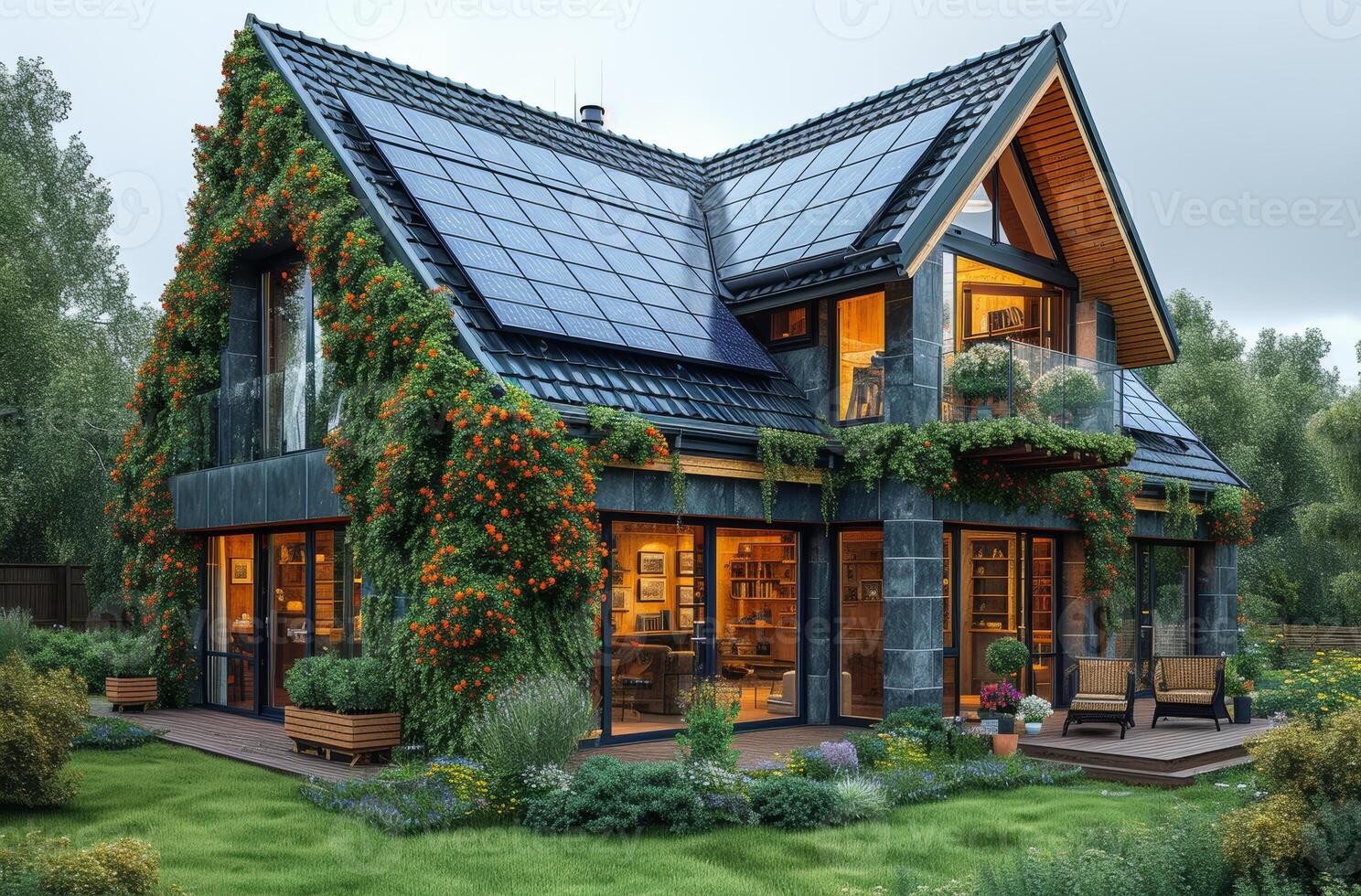 ai gegenereerd huis met tuin en zonne- panelen Aan de dak. fotovoltaïsche systeem Aan de dak foto