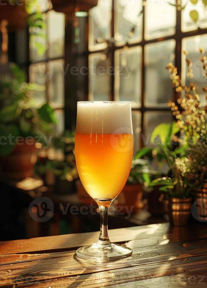 ai gegenereerd glas van bier Aan houten tafel in bar foto