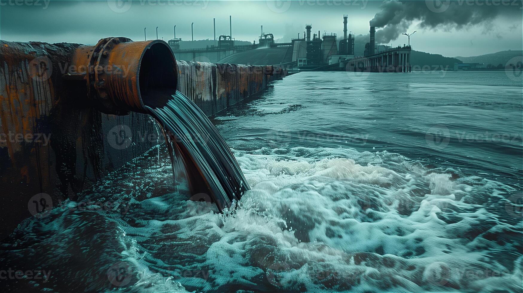 ai gegenereerd fabriek is vrijgeven afvalwater in de zee foto