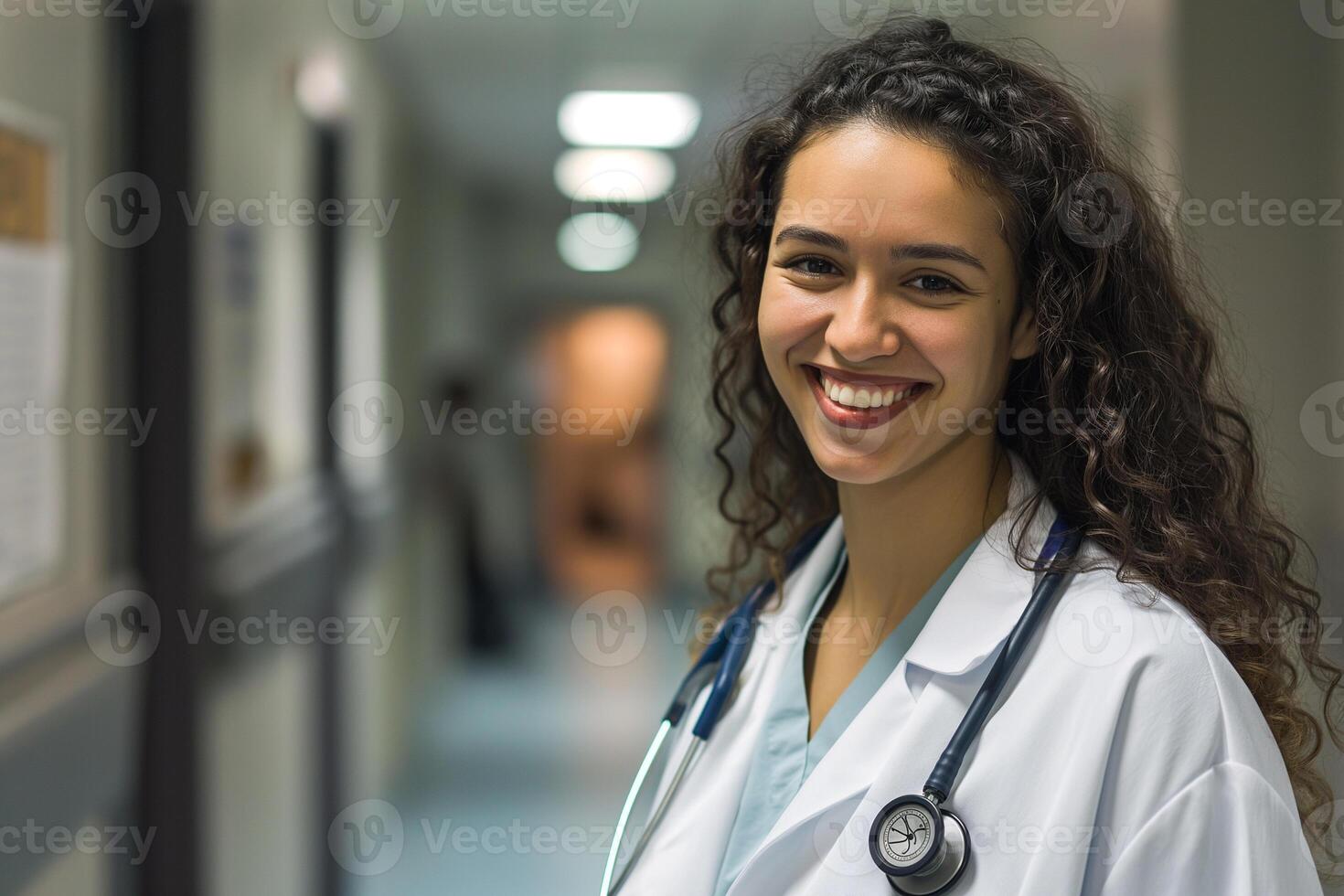 ai gegenereerd jong glimlachen vrouw dokter met een statoscope Aan haar nek in een ziekenhuis gang foto