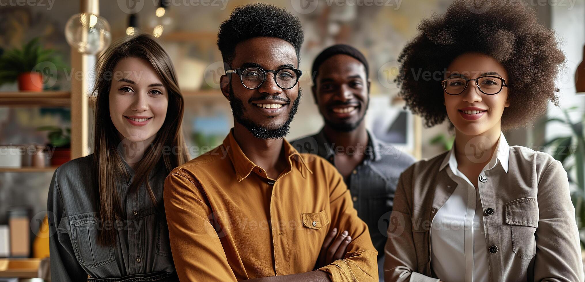 ai gegenereerd mensen van verschillend races werken samen in de kantoor. diversiteit, inclusiviteit. gezichten in detailopname, zijwaarts in de achtergrond. foto