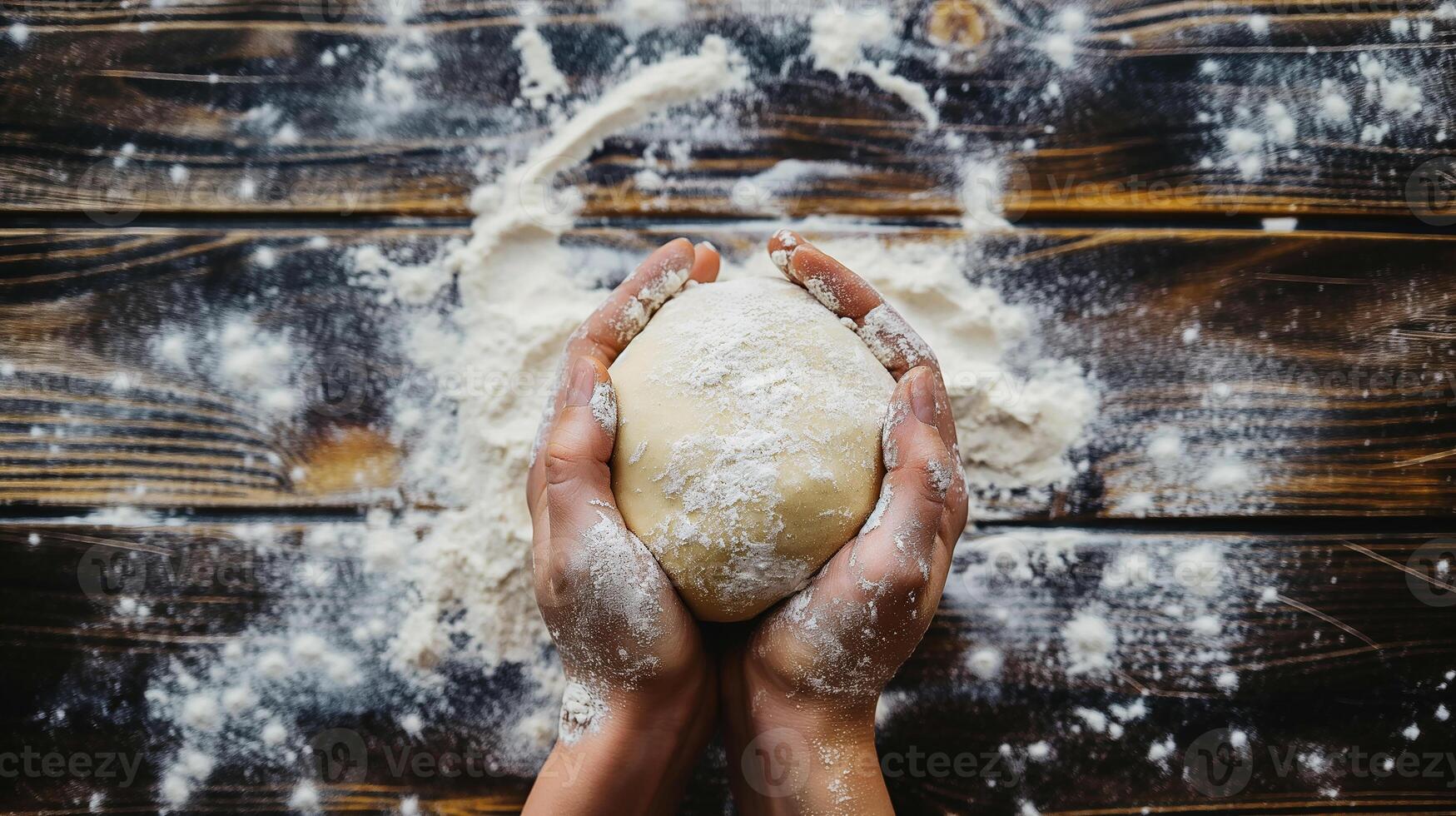 ai gegenereerd handen Holding vers deeg Aan een houten oppervlak. een persoon kneedt deeg, beeldhouwt een het formulier van brood Aan een houten tafel met meel. gebakjes, brood maken, huis bakken werkwijze. top visie foto