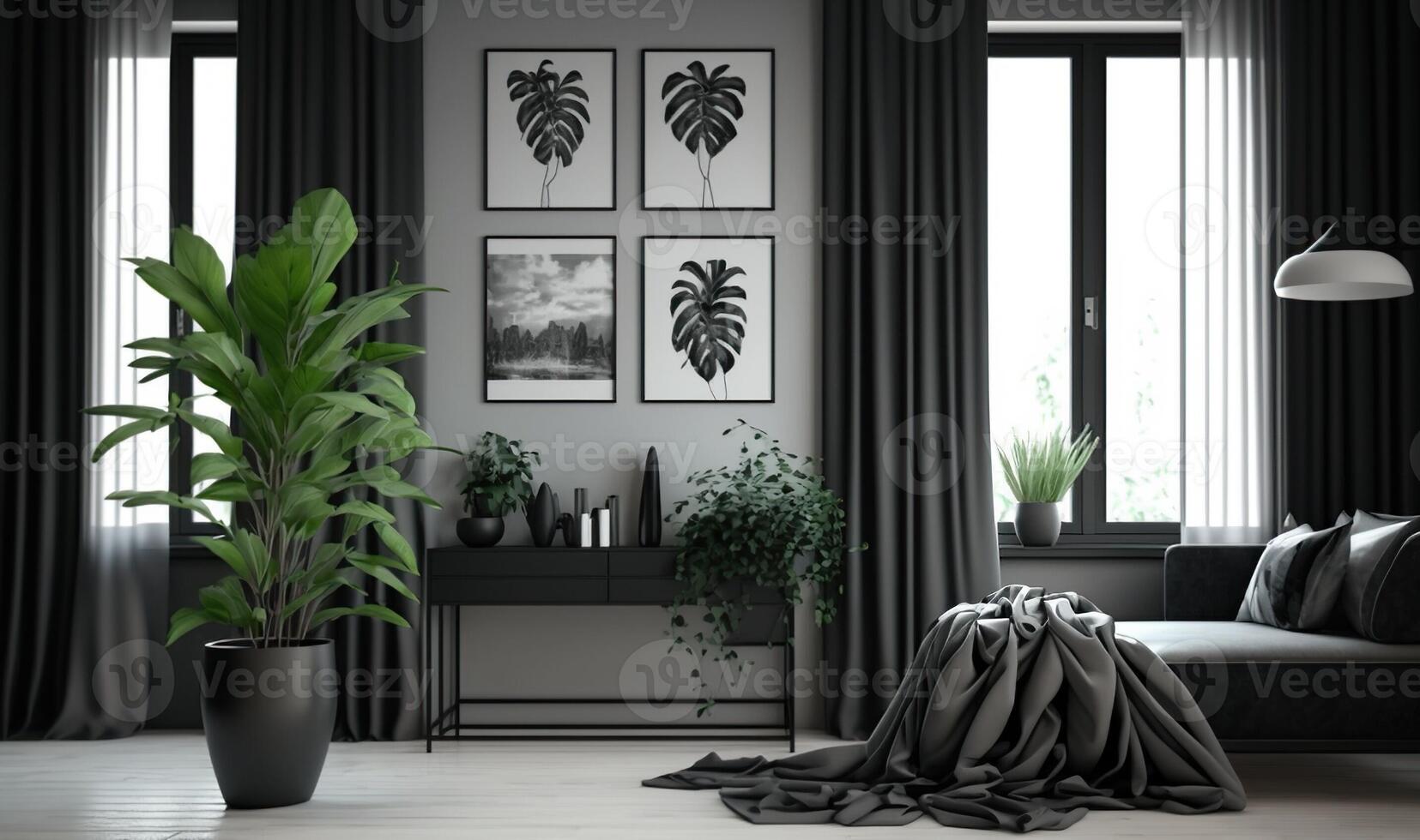 ai gegenereerd hedendaags kamer met zwart lijsten, gordijnen, en ingemaakt groen planten, huiskamer. generatief ai foto