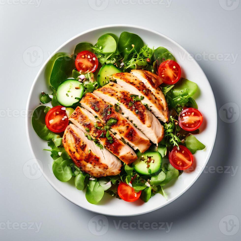 ai gegenereerd kip filet met salade Bij wit tafel gezond voedsel keto eetpatroon eetpatroon lunch concept top visie foto