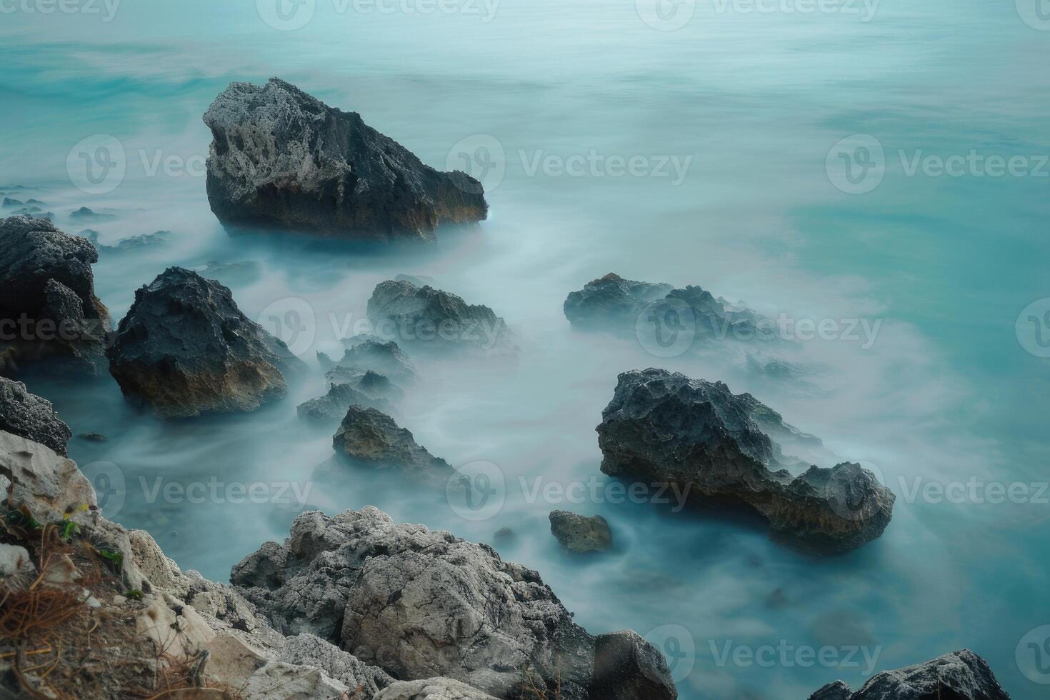 ai gegenereerd lang blootstelling van zee en rotsen foto