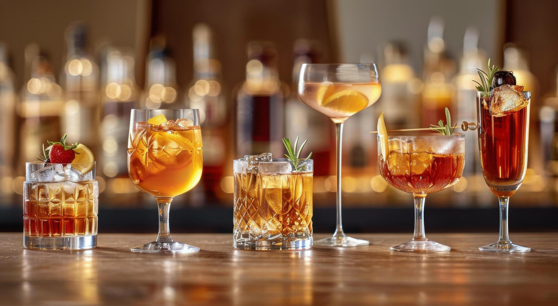 ai gegenereerd rangschikking van cocktails Aan tafel foto