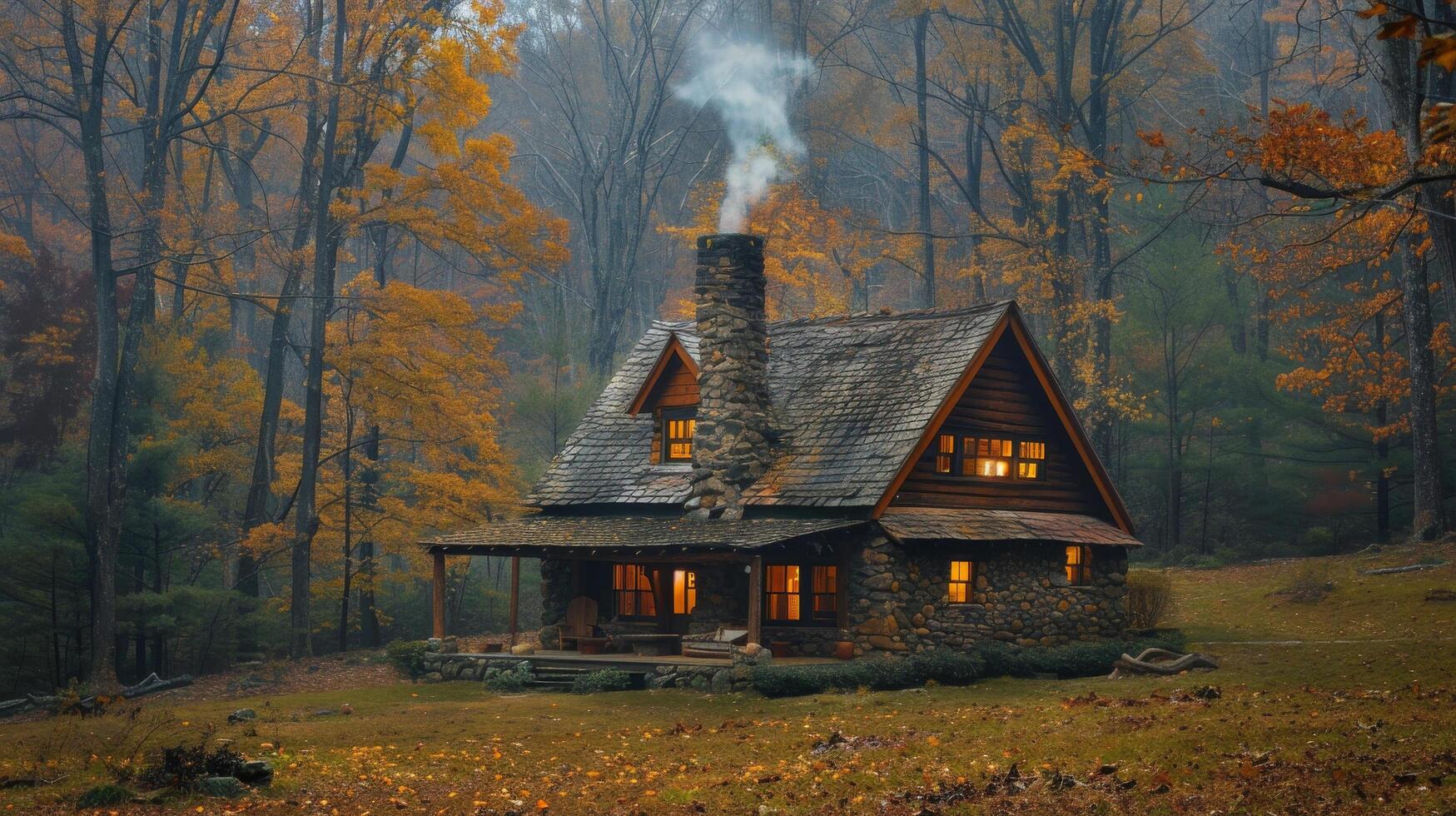 ai gegenereerd log cabine in bossen met rook stijgende lijn foto