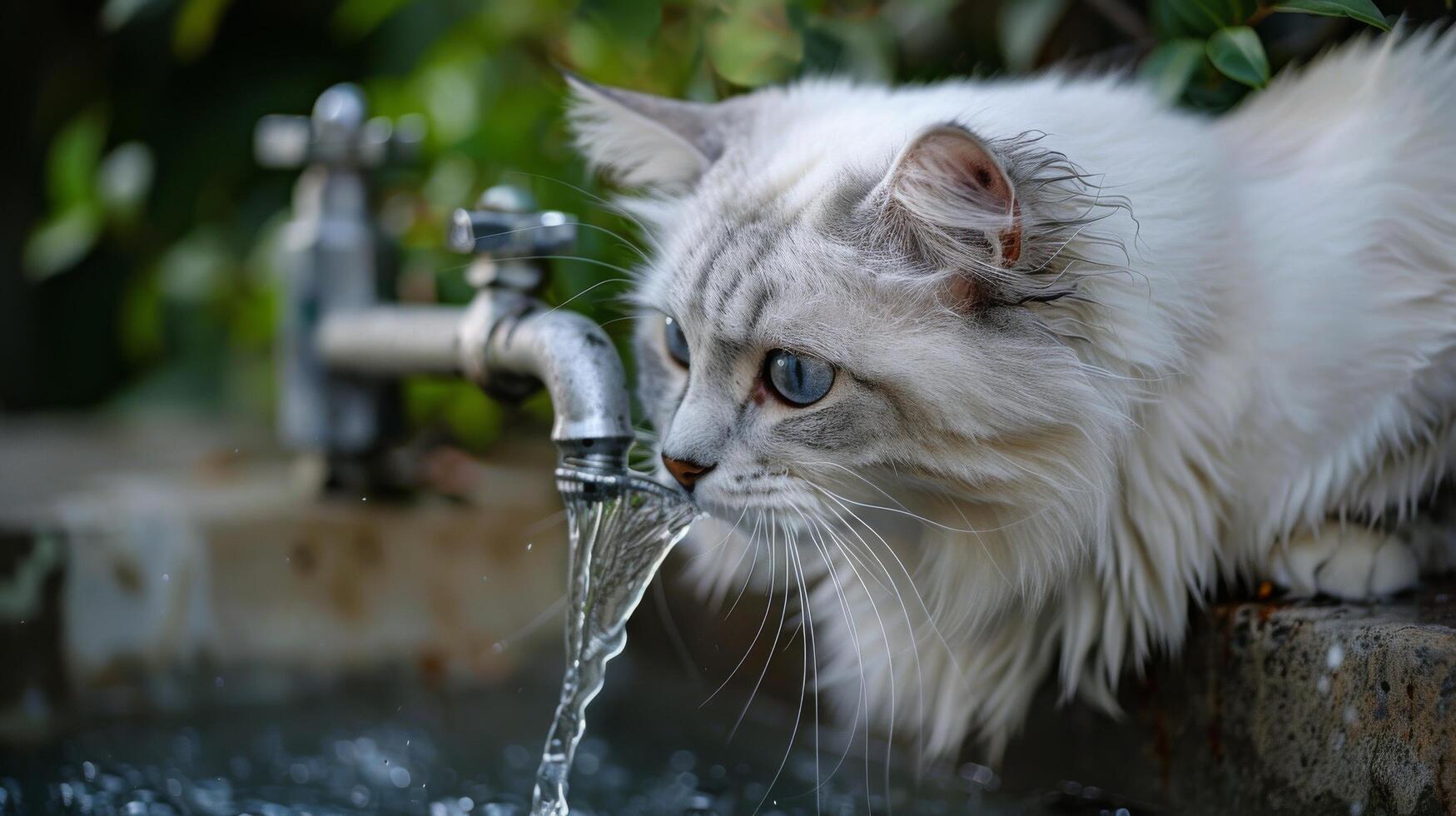 ai gegenereerd wit kat drinken water van kraan foto