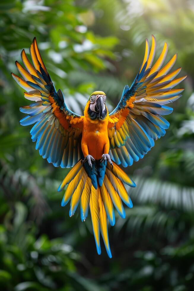 ai gegenereerd kleurrijk vogel vliegend door de lucht foto