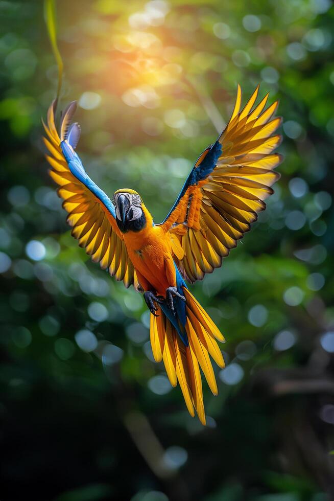 ai gegenereerd kleurrijk vogel vliegend door de lucht foto