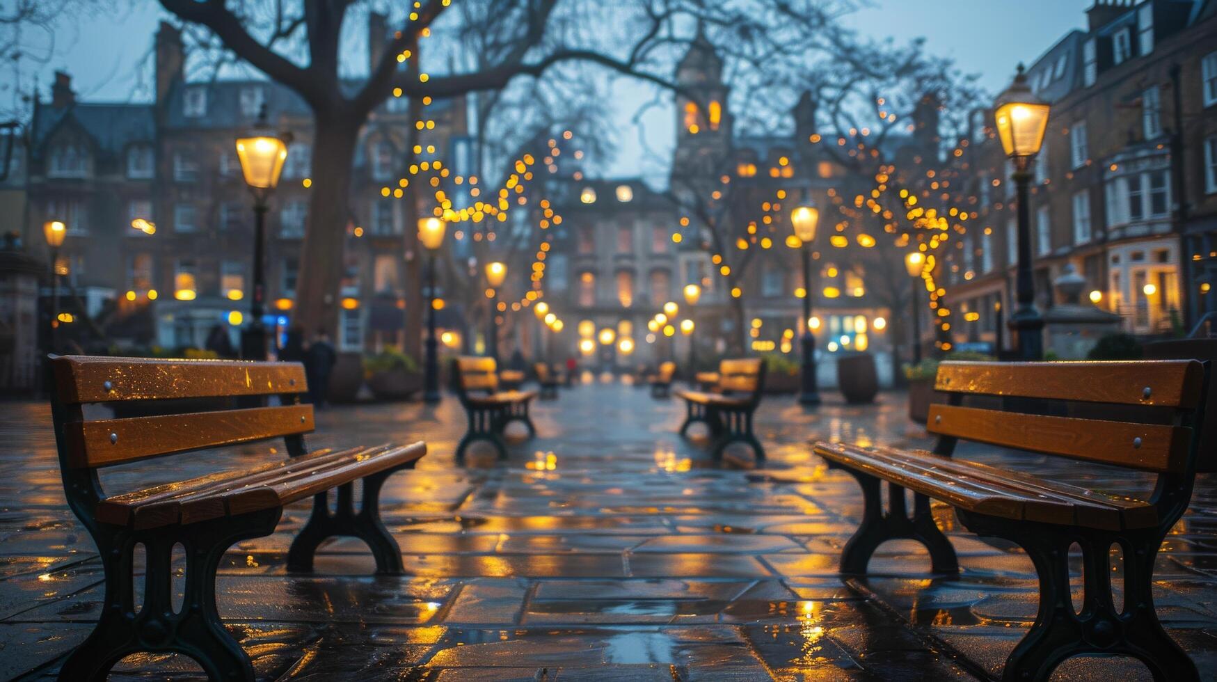 ai gegenereerd regenachtig nacht in stad met lichten en banken foto