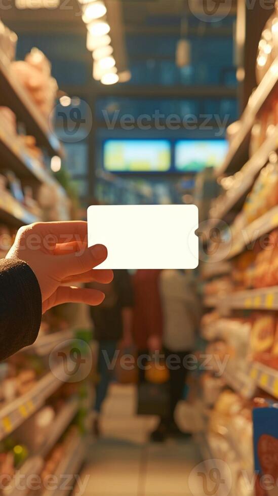 ai gegenereerd eerste persoon visie van een hand- aanbieden credit kaart Bij supermarkt verticaal mobiel behang foto