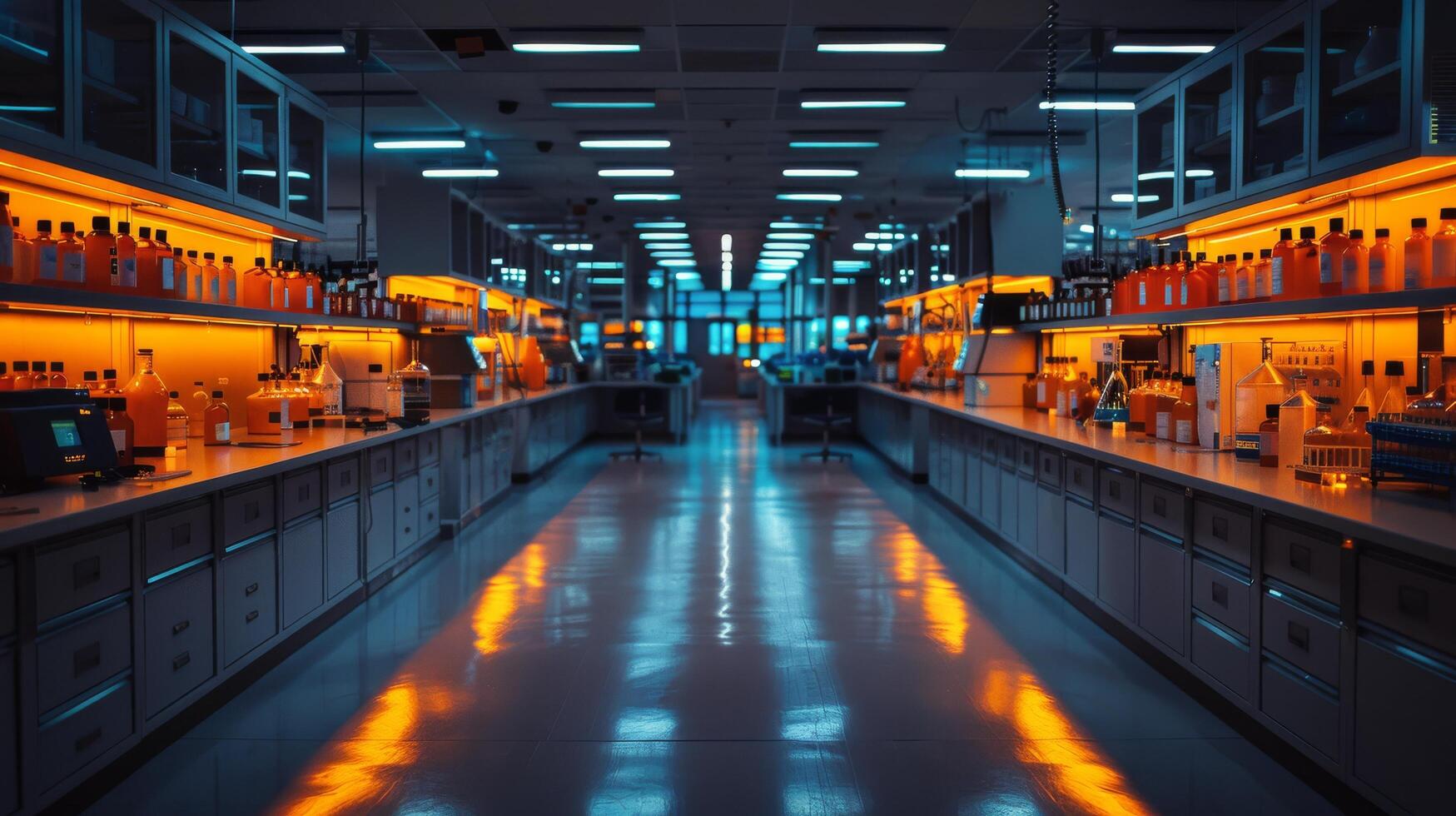 ai gegenereerd lang gang met centraal neon licht foto