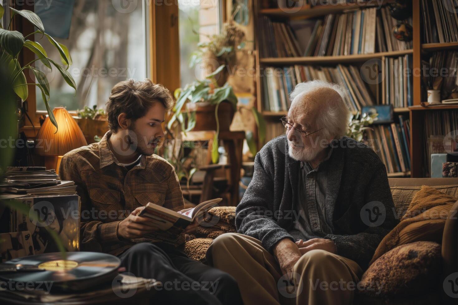 ai gegenereerd een jong volwassen en ouderen Mens delen een warm gesprek in een knus kamer gevulde met boeken foto