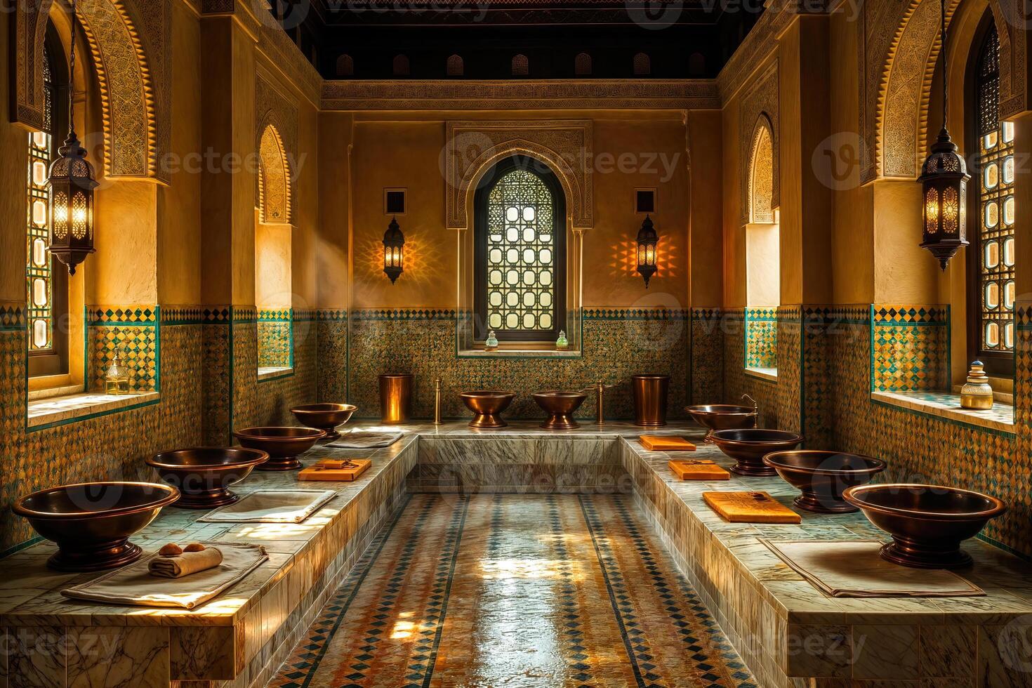 ai gegenereerd rustig Marokkaans badhuis interieur met overladen decor foto