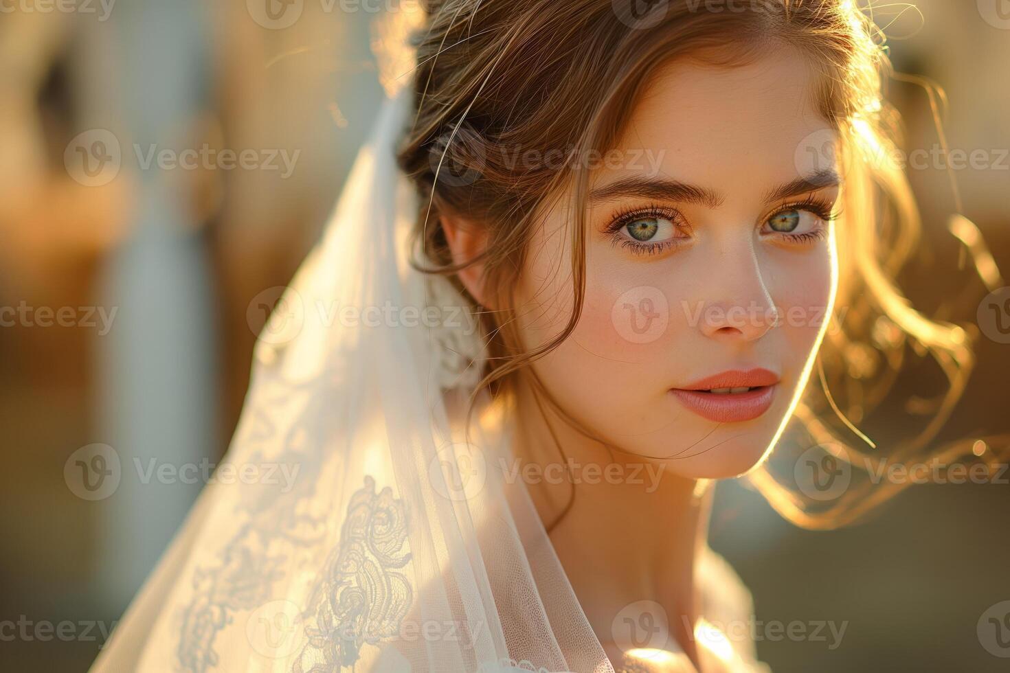 ai gegenereerd jong bruid blikken zacht, gedrapeerd in een delicaat sluier gedurende gouden uur foto