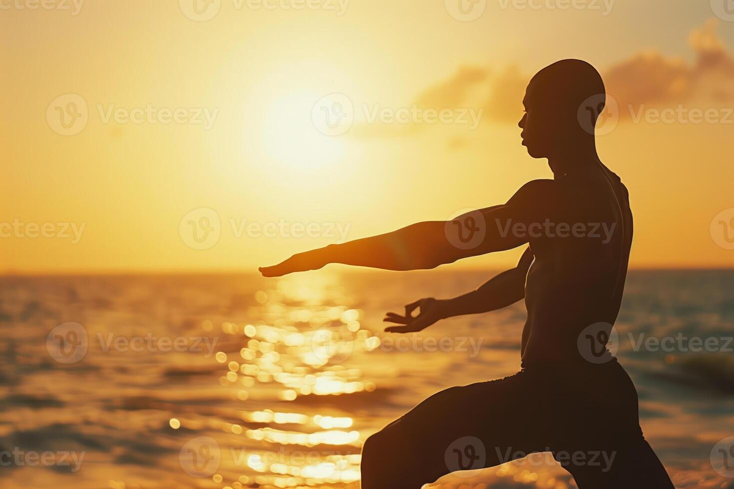 ai gegenereerd silhouet van een individu beoefenen yoga Aan de strand Bij schemer foto