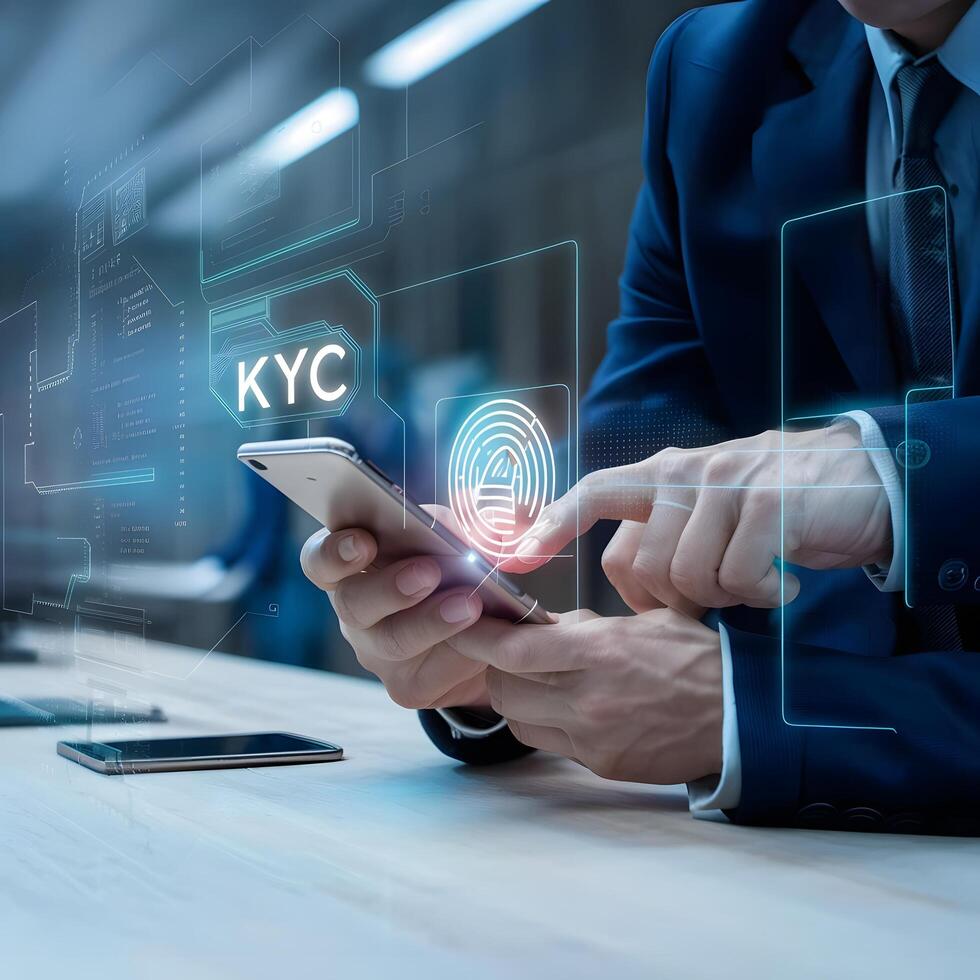 ai gegenereerd een modern strak beeld van een persoon kyc verifiëren gebruik makend van hun smartphone foto