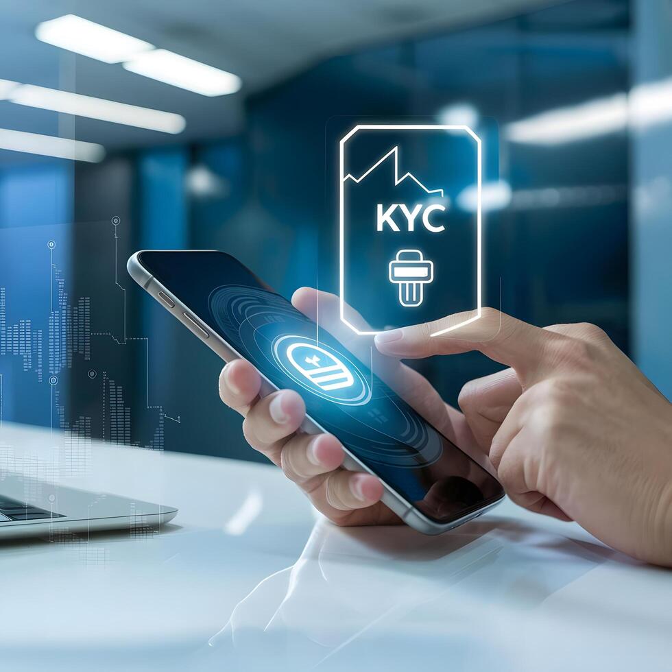 ai gegenereerd een modern strak beeld van een persoon kyc verifiëren gebruik makend van hun smartphone foto