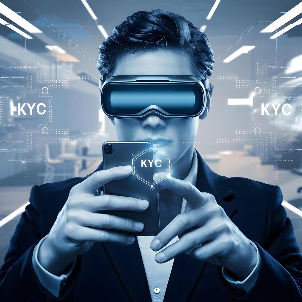 ai gegenereerd een modern strak beeld van een persoon kyc verifiëren gebruik makend van hun smartphone foto