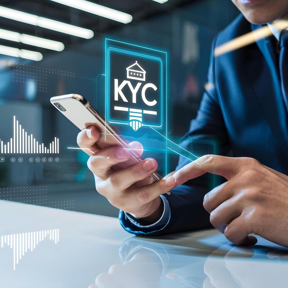 ai gegenereerd een modern strak beeld van een persoon kyc verifiëren gebruik makend van hun smartphone foto