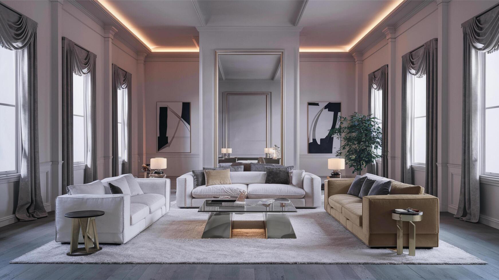 ai gegenereerd een verbijsterend interieur ontwerp concept presentatie van een ruim en luxueus leven kamer foto