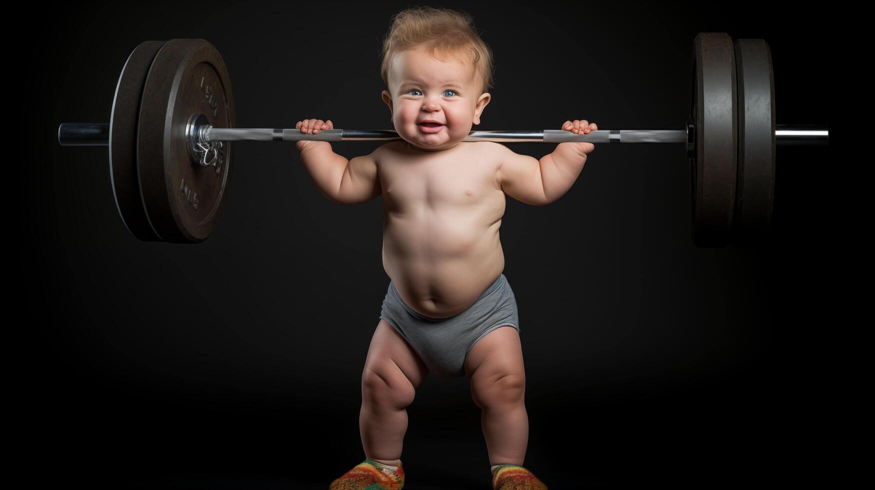 ai gegenereerd een donker achtergrond, een humoristisch tafereel ontvouwt zich net zo een sterk baby liften een komisch te groot halter, hun mollig wangen puffend uit met inspanning, een vastbesloten uitdrukking foto