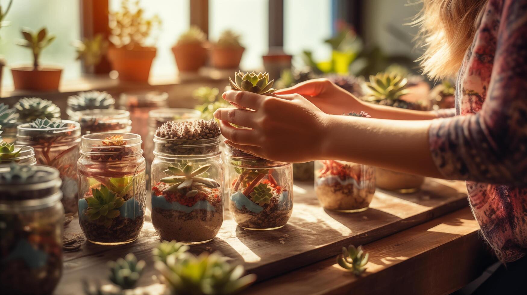 ai gegenereerd visualiseren de tafereel van vrouw handen subtiel aanplant levendig vetplanten in upcycled glas potten versierd met hand geschilderd patronen, versierd met linten en touw foto