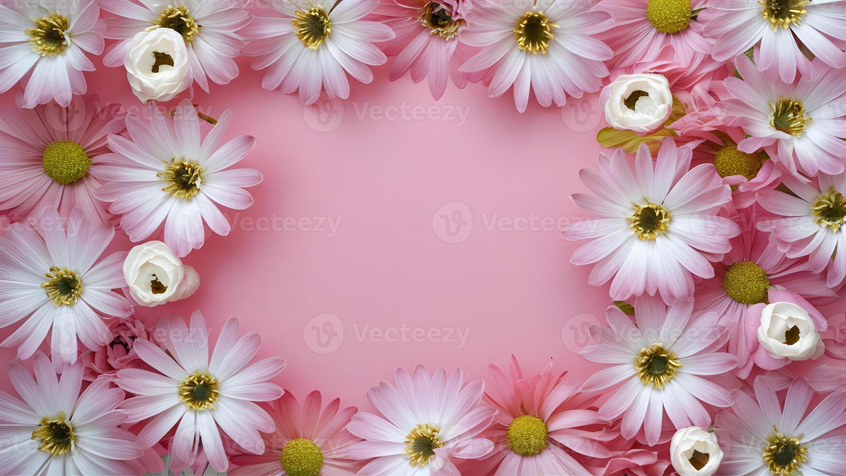 ai gegenereerd pastel roze bloemen achtergrond, top visie lay-out voor groet kaart foto