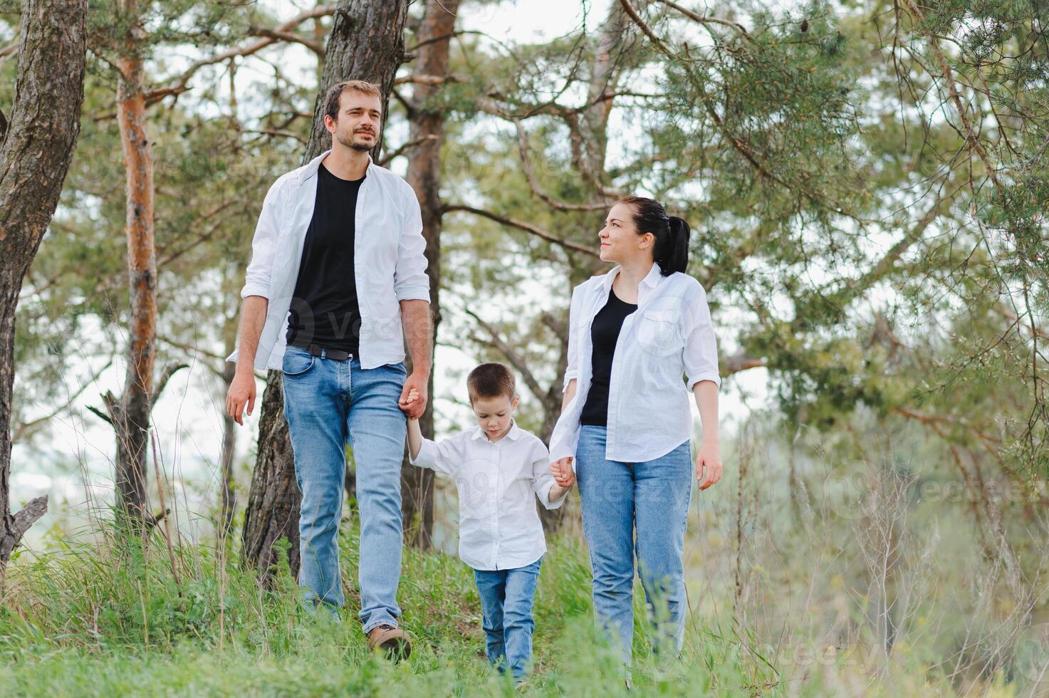 pa, mam en weinig zoon hebben pret samen, buitenshuis. familie wandelen in park. gelukkig familie buitenshuis. familie, vakantie concept foto