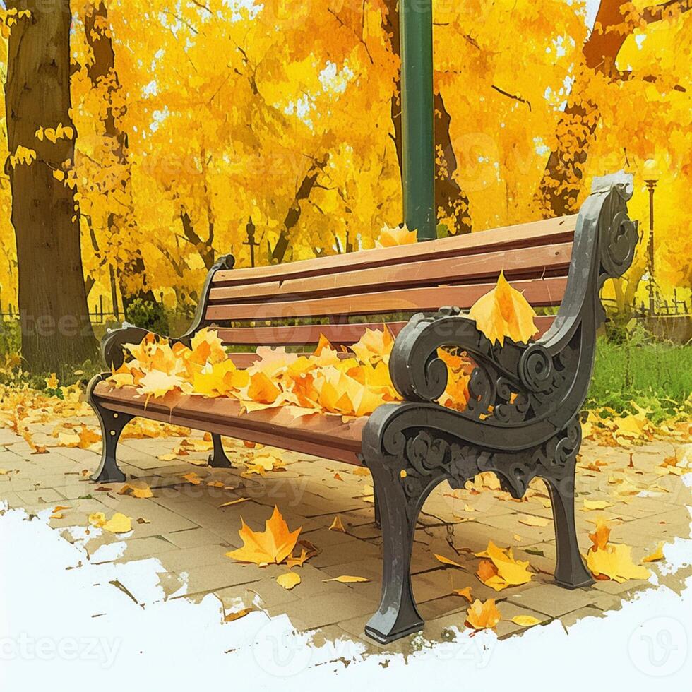 ai gegenereerd park bank met metaal zijwand, versierd met geel herfst bladeren voor sociaal media post grootte foto