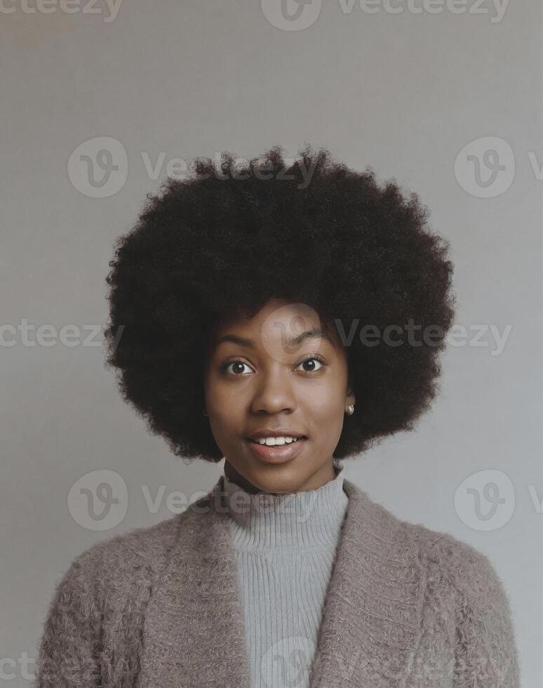 ai gegenereerd zwart vrouw met een diep blik en afro knal stijl foto