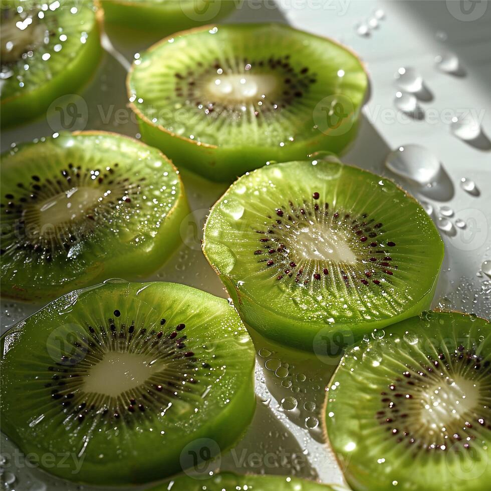 ai gegenereerd kiwi plakjes fruit met druppels foto