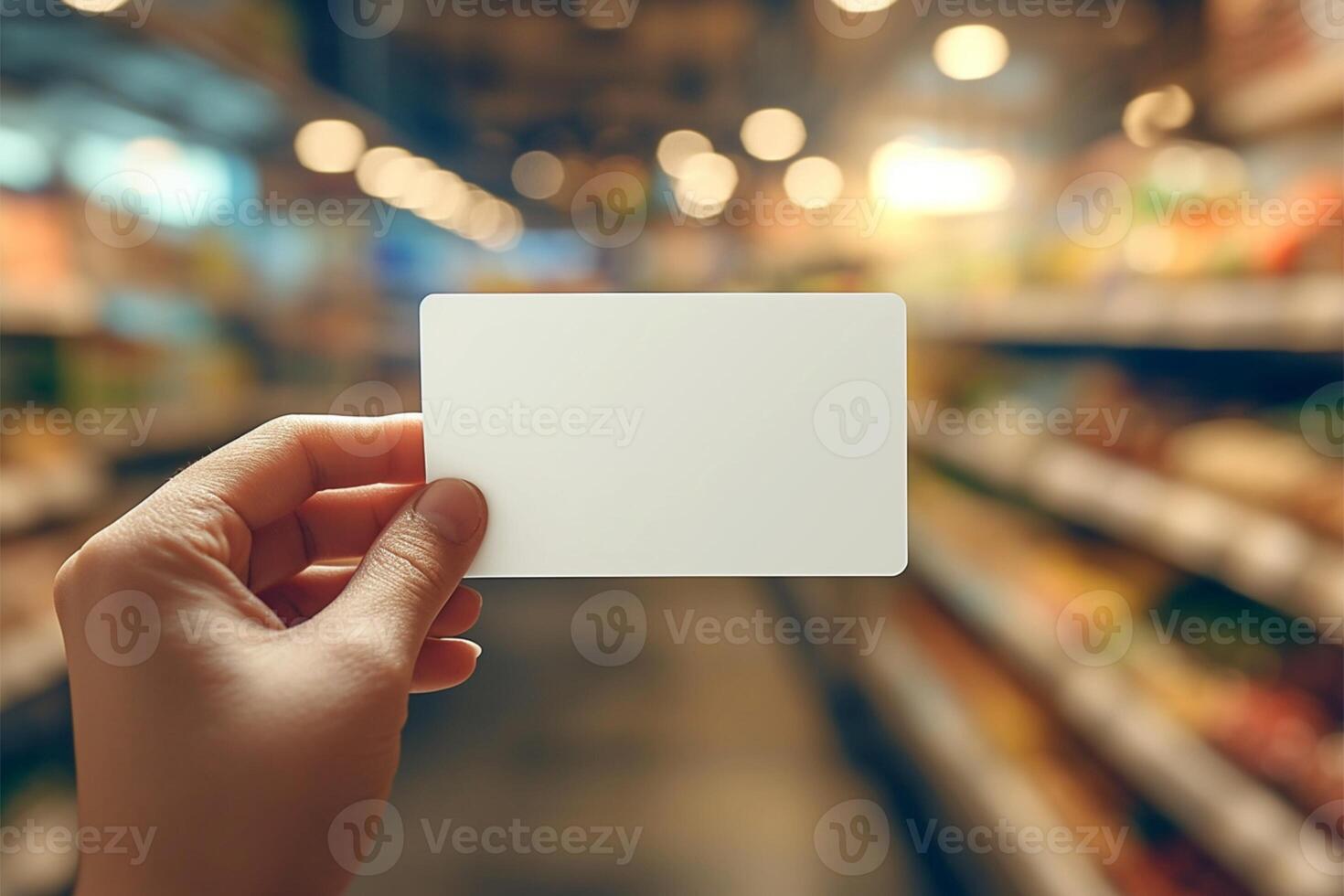 ai gegenereerd hand- presenteren blanco credit kaart tegen kruidenier op te slaan backdrop foto