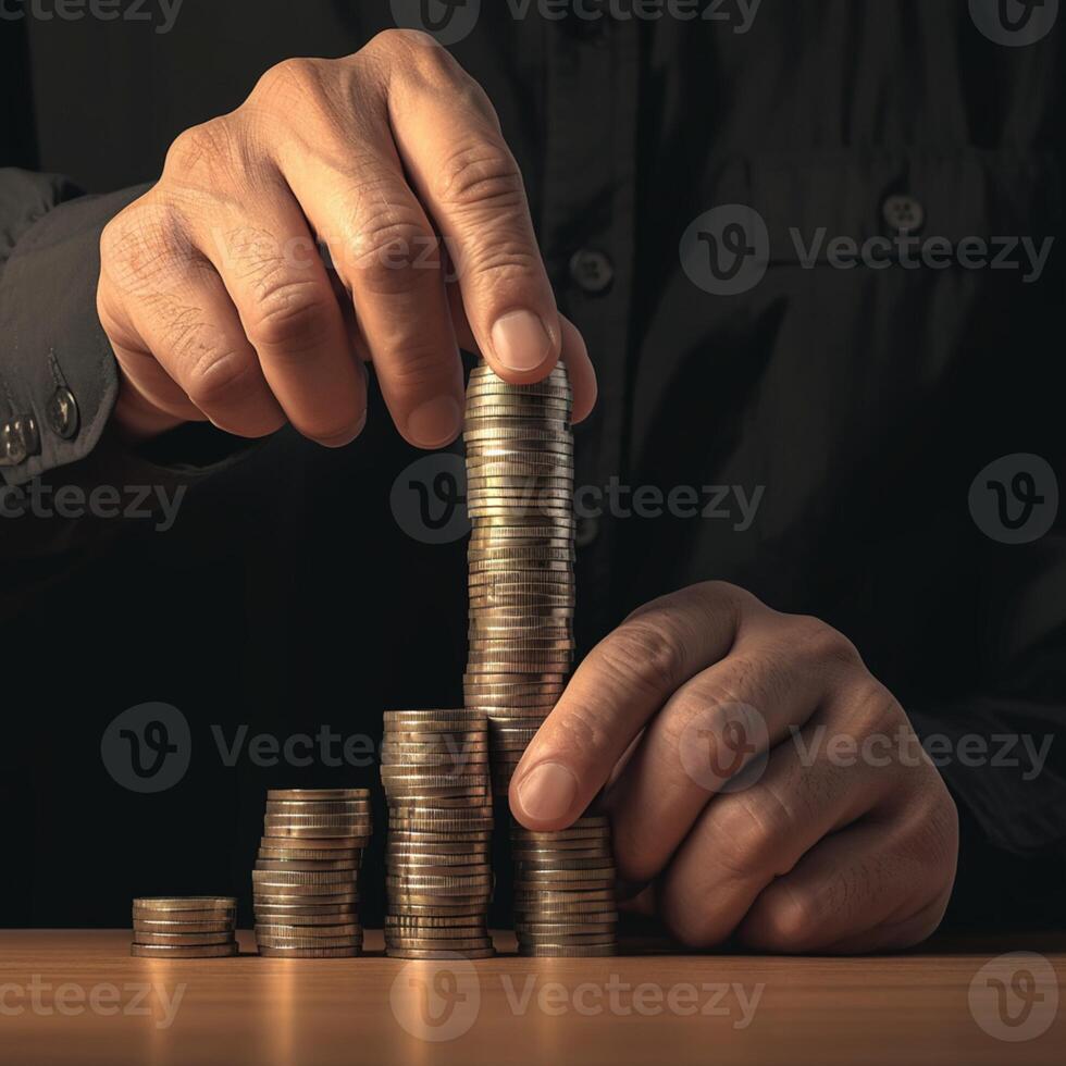 ai gegenereerd geld beheer munten gestapeld door zakenman, symboliseert financieel planning voor sociaal media post grootte foto