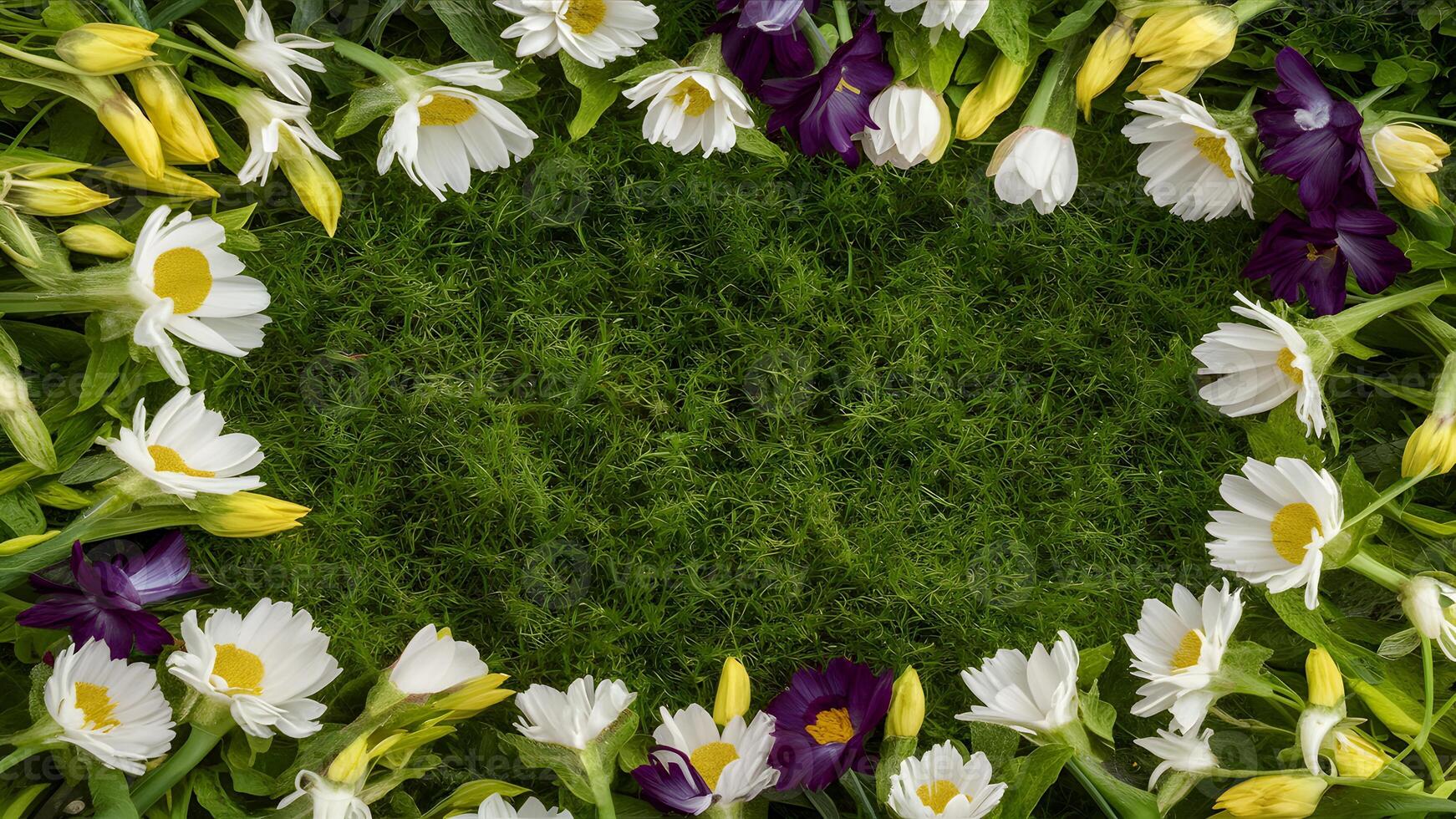 ai gegenereerd kader kunst abstract achtergrond met zomer bloemen temidden van weelderig groen gras foto
