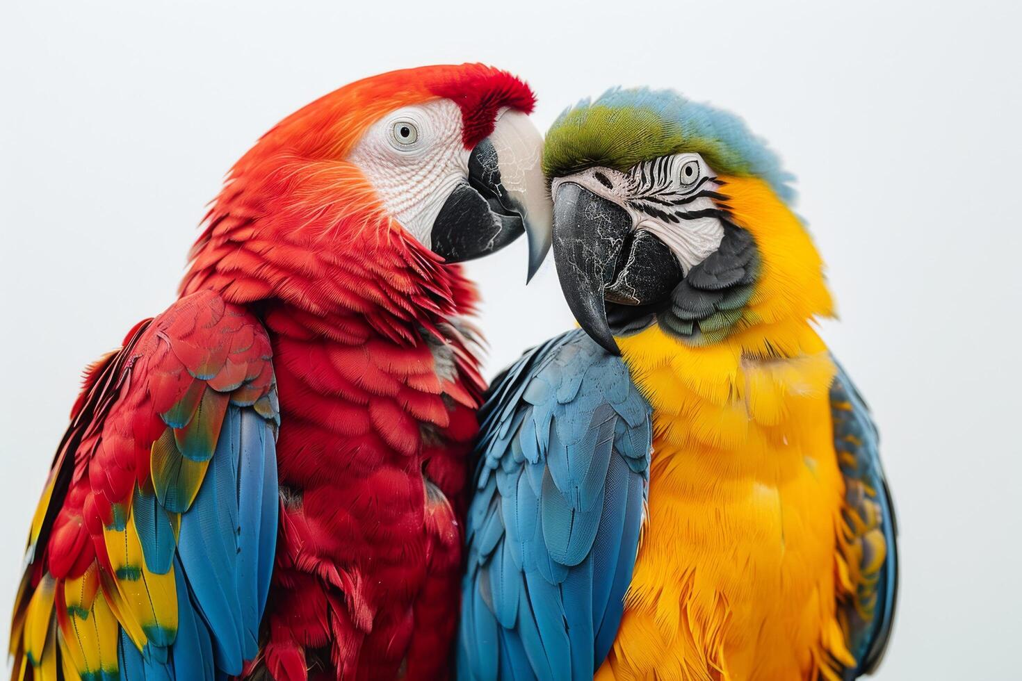 ai gegenereerd twee kleurrijk papegaaien staand samen foto