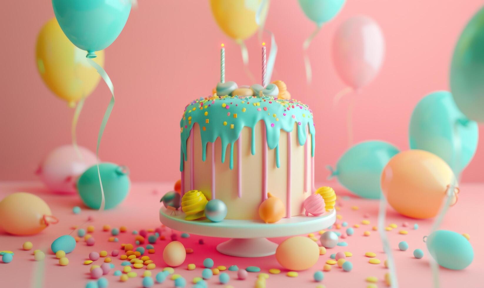 ai gegenereerd een kleurrijk verjaardag taart Aan roze achtergrond met ballonnen foto