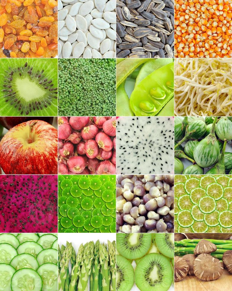 maïs, zonnebloempitten, pompoenpitten, rozijnen, kiwi, broccoli, spruitjes, sperziebonen, appel, citroen, limoen, komkommer, asperges, aubergine, uien, fruit, champignons foto