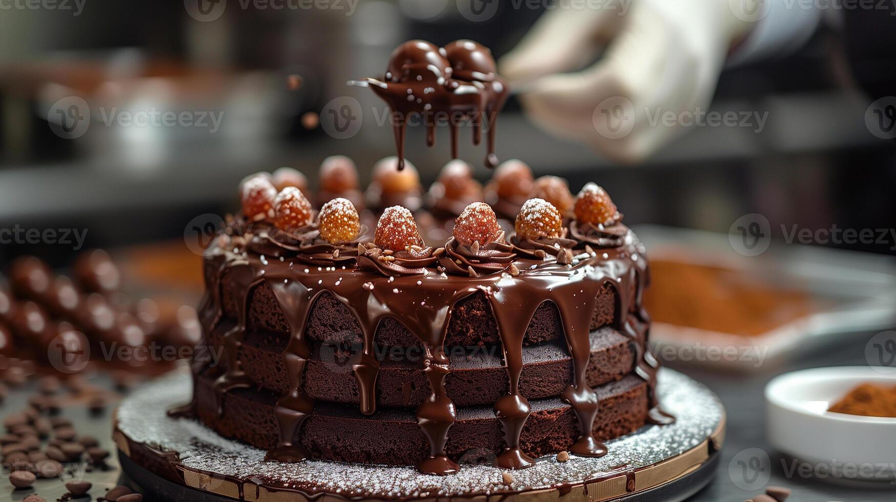 ai gegenereerd chocola taart met chef hand- achtergrond foto